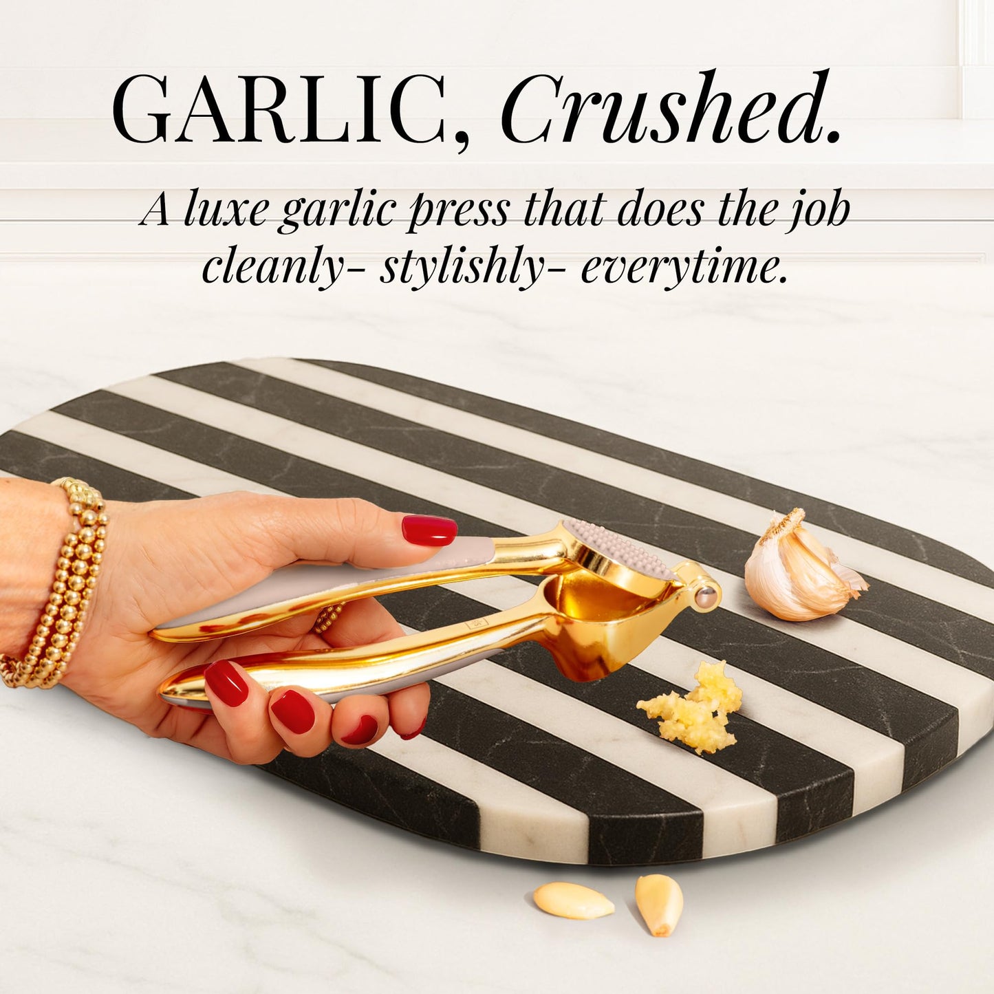 Gold and Beige Kitchen Utensils Set – 8 PC Cooking Gadgets with Mini Gold Whisk and Tongs, Pizza Cutter, Garlic Press, Cheese Grater, Peeler, Can Opener, Scoops – Stylish Beige Kitchen Accessories