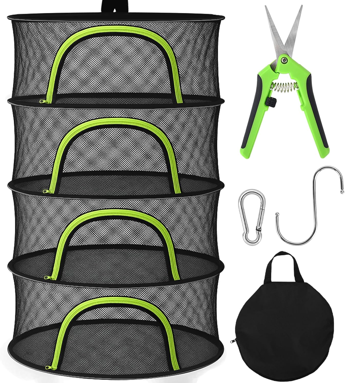 BRIVADO 4 24" Herb Drying Rack Hanging Mesh Layer with Zipper, Garden Pruning Shear, Hook & Carabiner Clip for Drying