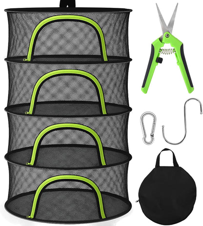 BRIVADO 4 24" Herb Drying Rack Hanging Mesh Layer with Zipper, Garden Pruning Shear, Hook & Carabiner Clip for Drying