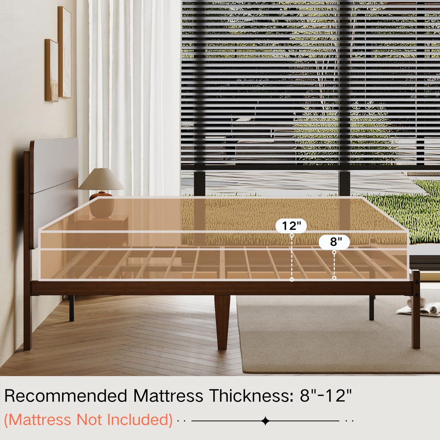 Cleaniago 14 Inch High Solid Bamboo Wood Queen Bed Frame with Headboard, Heavy Duty Steel Slat Support, No Box Spring Needed, Easy Assembly