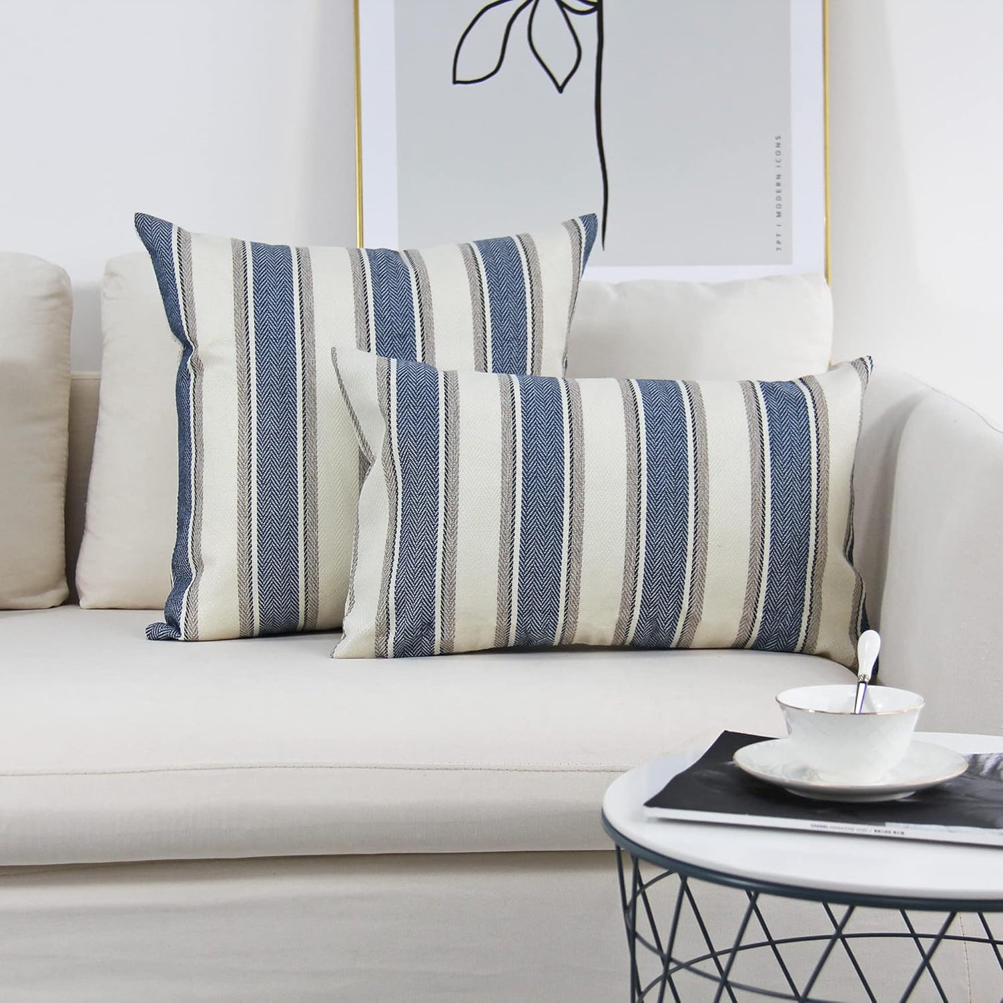 JOJUSIS Farmhouse Stripe Throw Pillow Covers, Pack of 2, 20 x 20 Inch, Blue