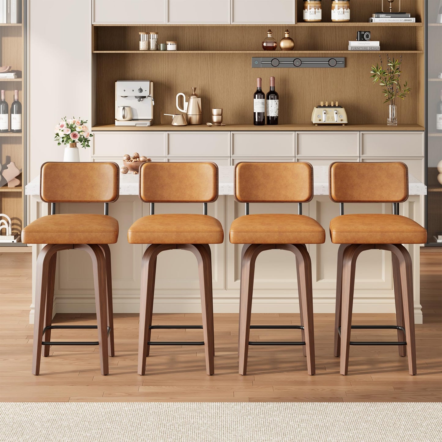 IDEALHOUSE Swivel Bar Stools Set of 4, 26" Upholstered Counter Height Bar Stools with Back and Walnut Wood Legs, Larger Cushion Size 18.3"*17.5", Faux Leather Barstools for Kitchen Counter, Brown