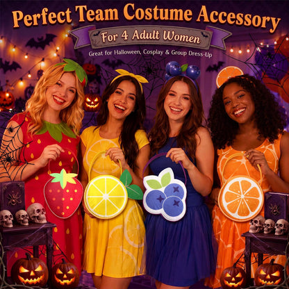 Cosblank 4 Pcs Halloween Fruit Inspired Treat Bags Orange Lemon Strawberry Blueberry Trick or Treat Bags Fruit Handbags for Group Costumes Party Favors and Home Decor