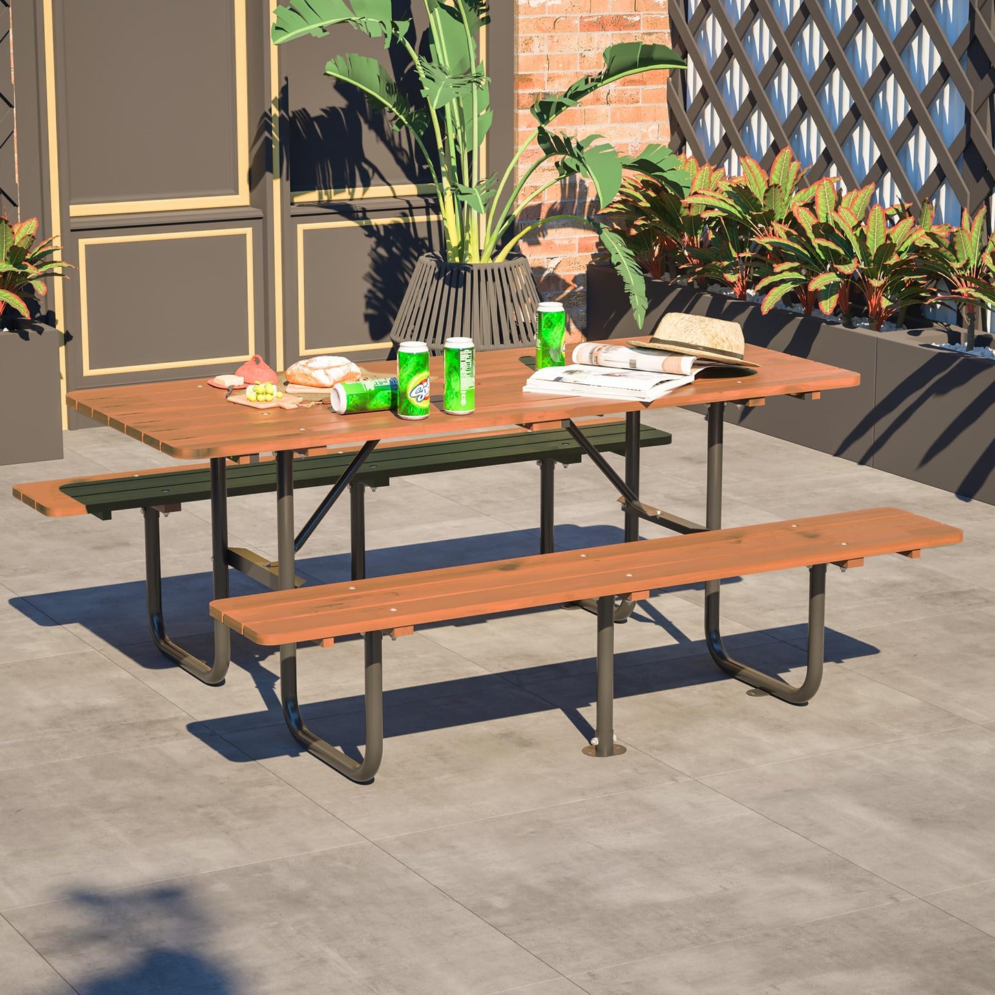 72" Rectangular Outdoor Picnic Table for 6 Person,Heavy Duty Wooden Dining Set with Built-in Benches, 1.97" Umbrella Hole, Waterproof&Corrosion-Resistant, Ideal for Garden, Backyard, BBQ,Courtyardfa