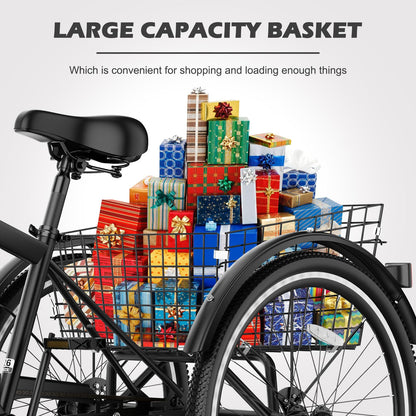 H&ZT Adult Tricycle, 3 Wheeled Bike, Trike Cruiser Bike, with 7-Speed Gear, Parking Brake Handle, Low Step, Large Rear Basket, Elderly Friendly, for Men, Women, and Teens