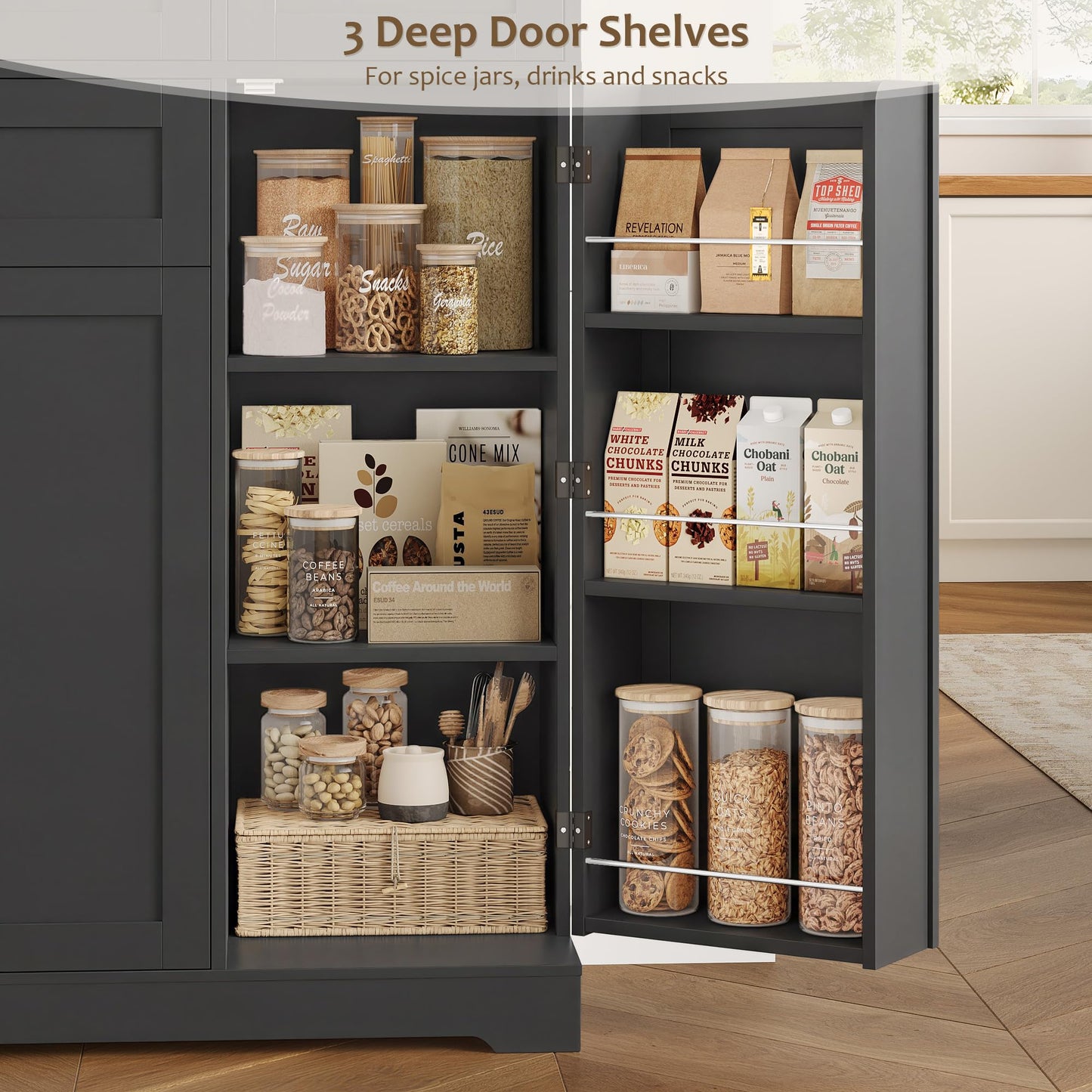 HOSTACK 68" Tall Kitchen Pantry Storage Cabinet, Modern Kitchen Hutch Cabinet with Doors and Shelves, Freestanding Food Pantry with Large Storage Drawer for Dining Room, Living Room, Black