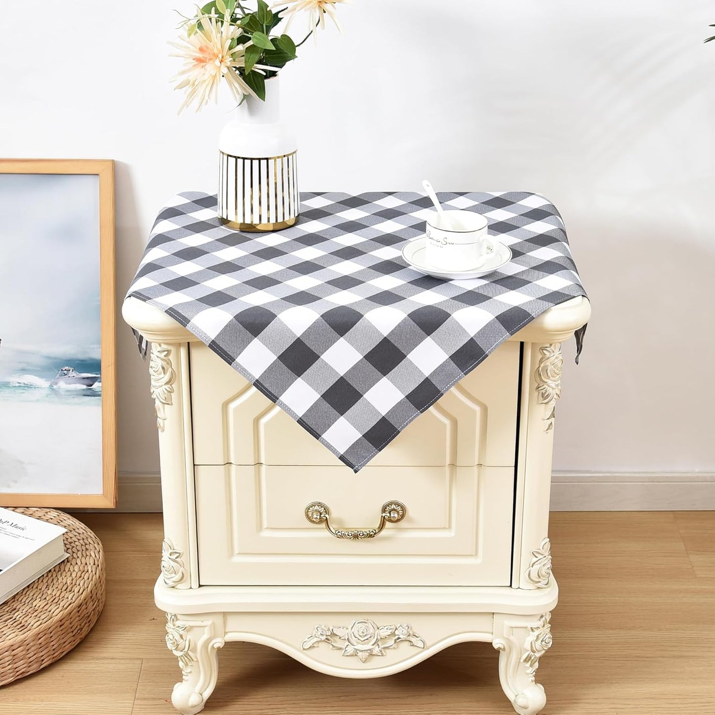 2 Pack 24x24 Inch Wolkemer Small Square Tablecloth Farmhouse Checkered Grey and White Gingham Nightstand Table Cloth
