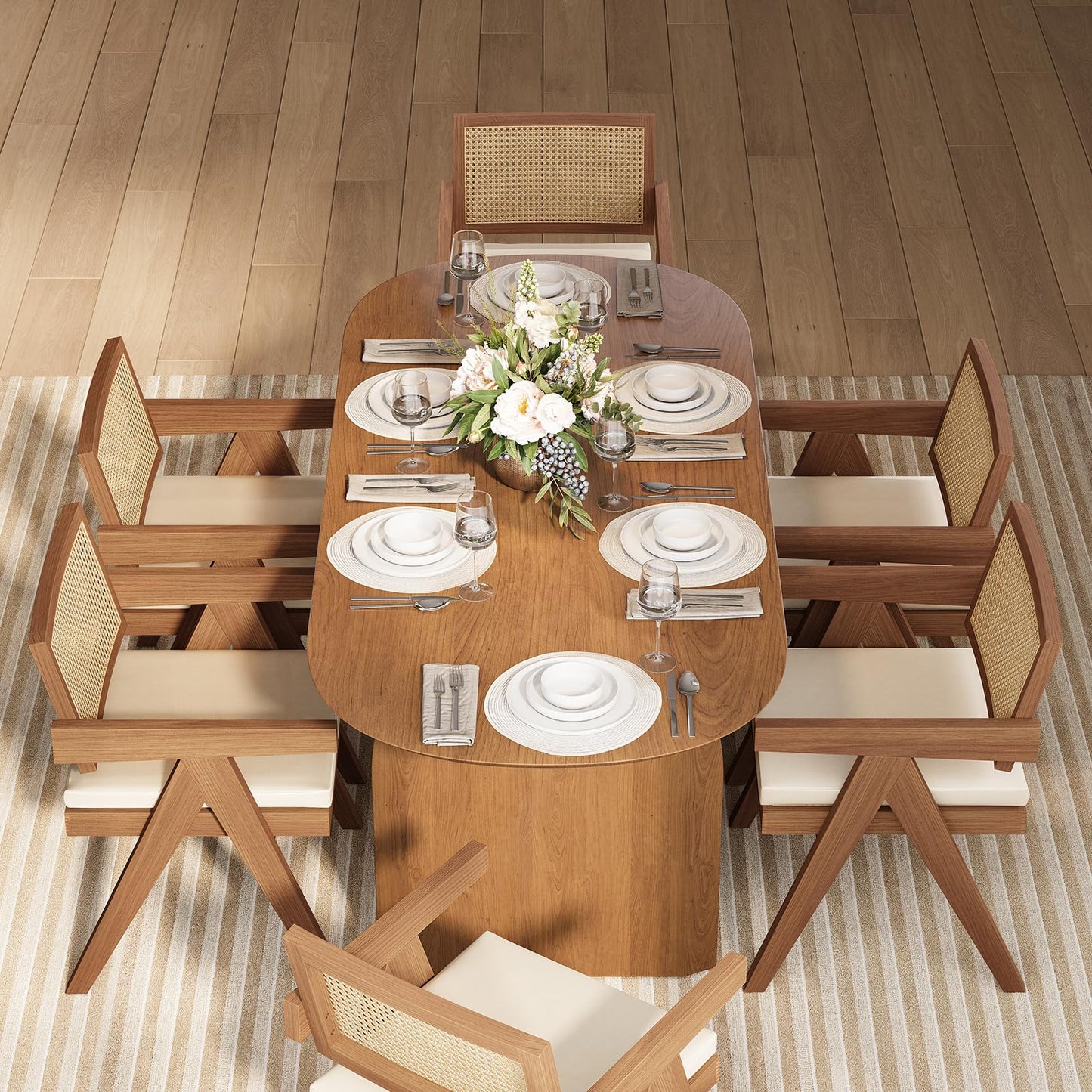 homary Japandi Oval Dining Table for 6, 70.9" Solid Pine Wood Kitchen Table, Modern Mid Century Minimalist Kitchen & Dining Room Table, Double Pedestal Base, Walnut