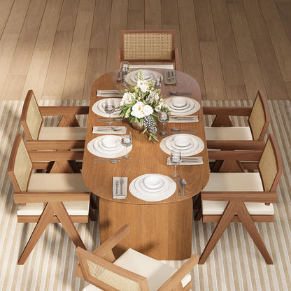 homary Japandi Oval Dining Table for 6, 70.9" Solid Pine Wood Kitchen Table, Modern Mid Century Minimalist Kitchen & Dining Room Table, Double Pedestal Base, Walnut