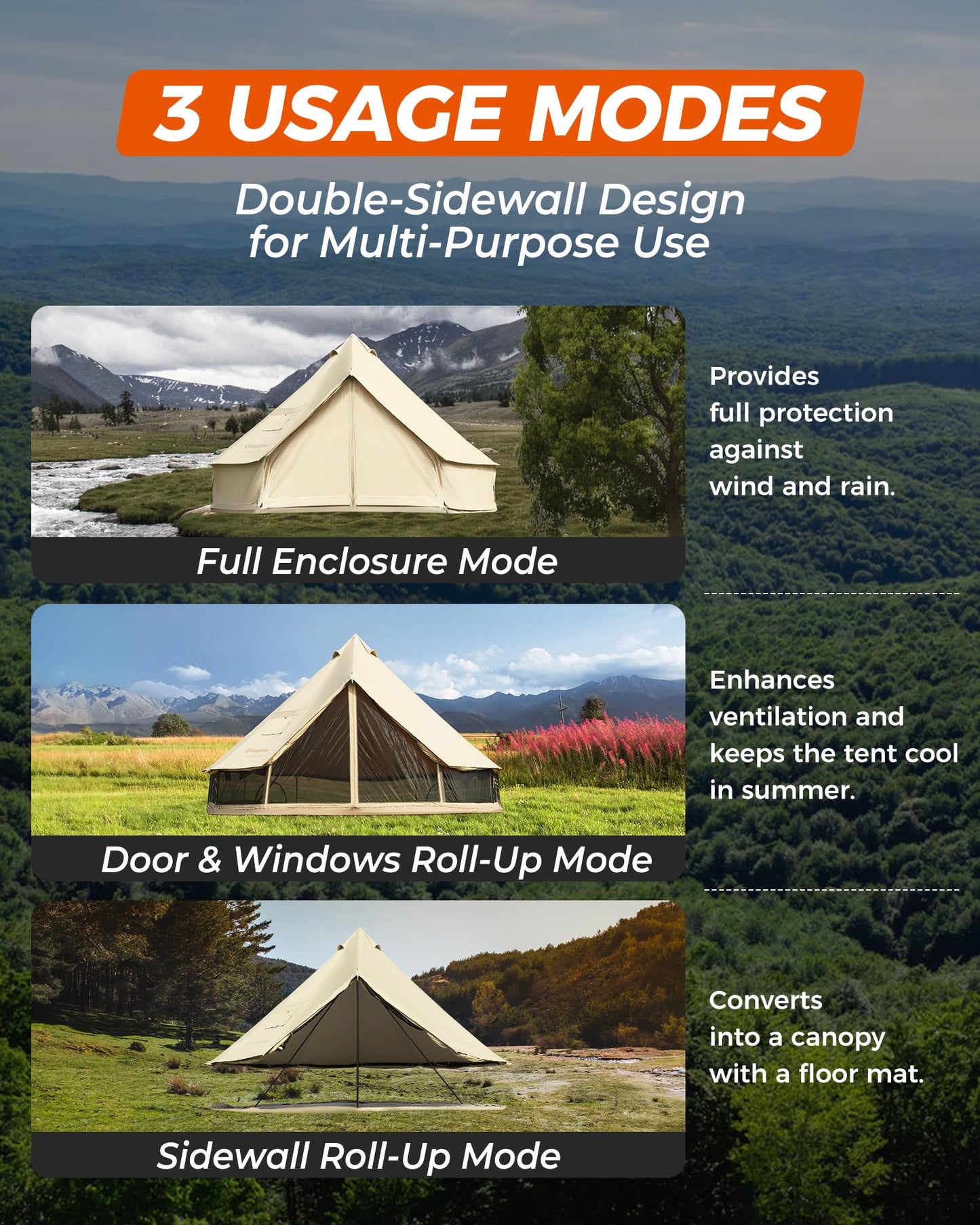 KingCamp Glamping Tent for 4 Seasons, 13.2ft/16.4ft Large Waterproof & Windproof Luxury Bell Yurt Tent w/Stove Jack, Spacious for Family Camping Hunting Parties