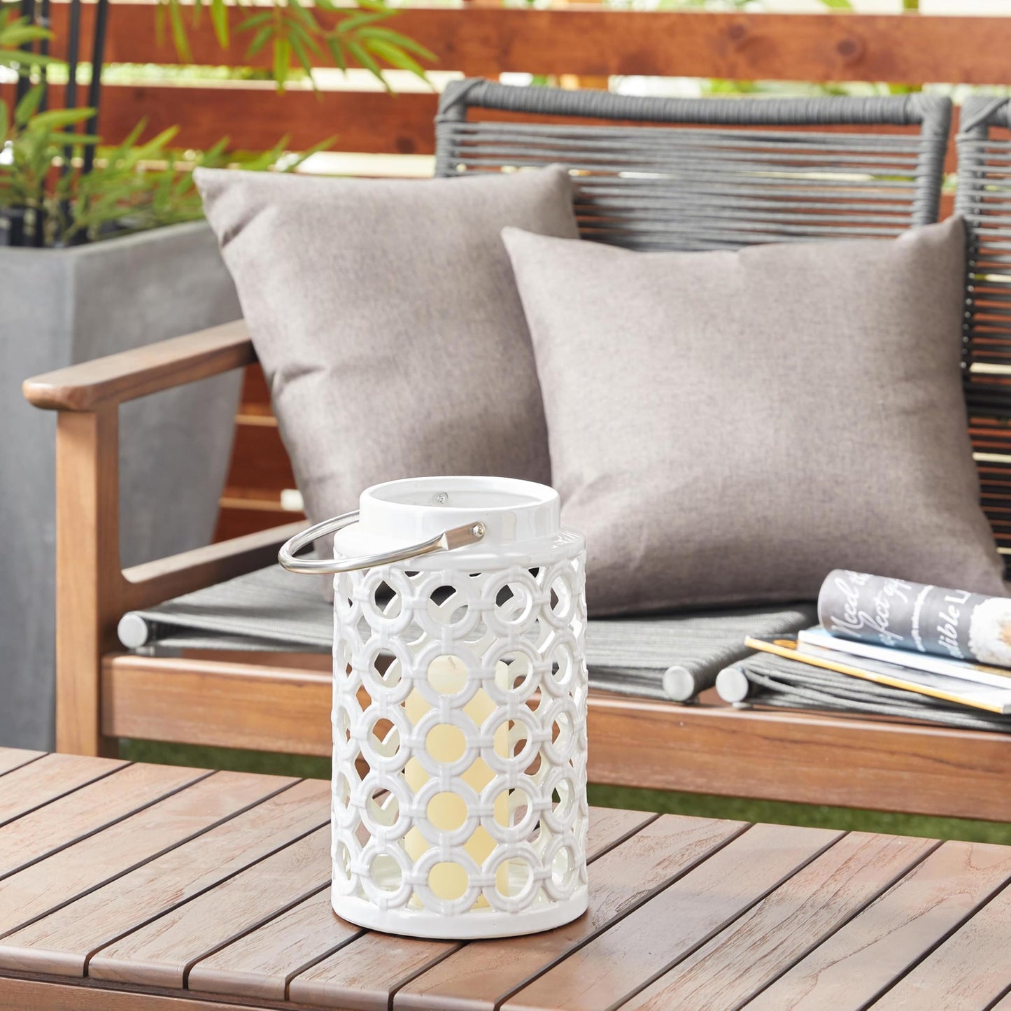 Deco 79 Ceramic Circles Decorative Candle Lantern with Cut Out Design, 8" x 9" x 8", White
