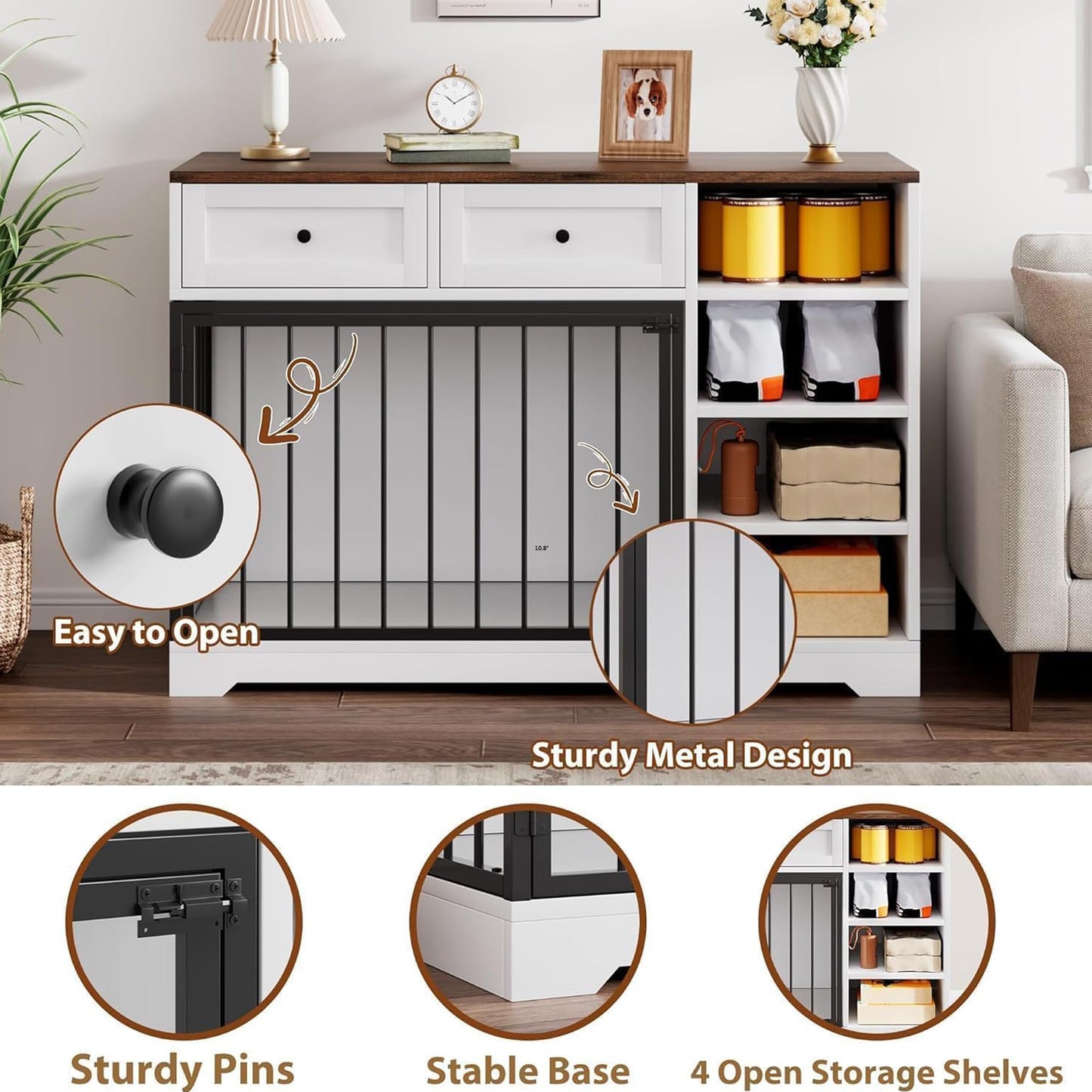 GarveeHome Dog Crate Furniture 47", Large Dog Crate TV Stand with 2 Drawers and 4 Shelves, Wooden Dog Kennel Indoor, Decorative Dog Cage with Storage for Large Dogs, White