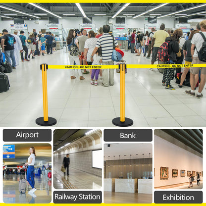 Therwen 6 Pack Heavy Duty Crowd Control Stanchions 9.8 ft Stainless Steel Stanchion Set with 6 Safety Barrier Post Retractable Belt and 1 Sign Holder Crowd Control Barrier(Caution Belt,Yellow)