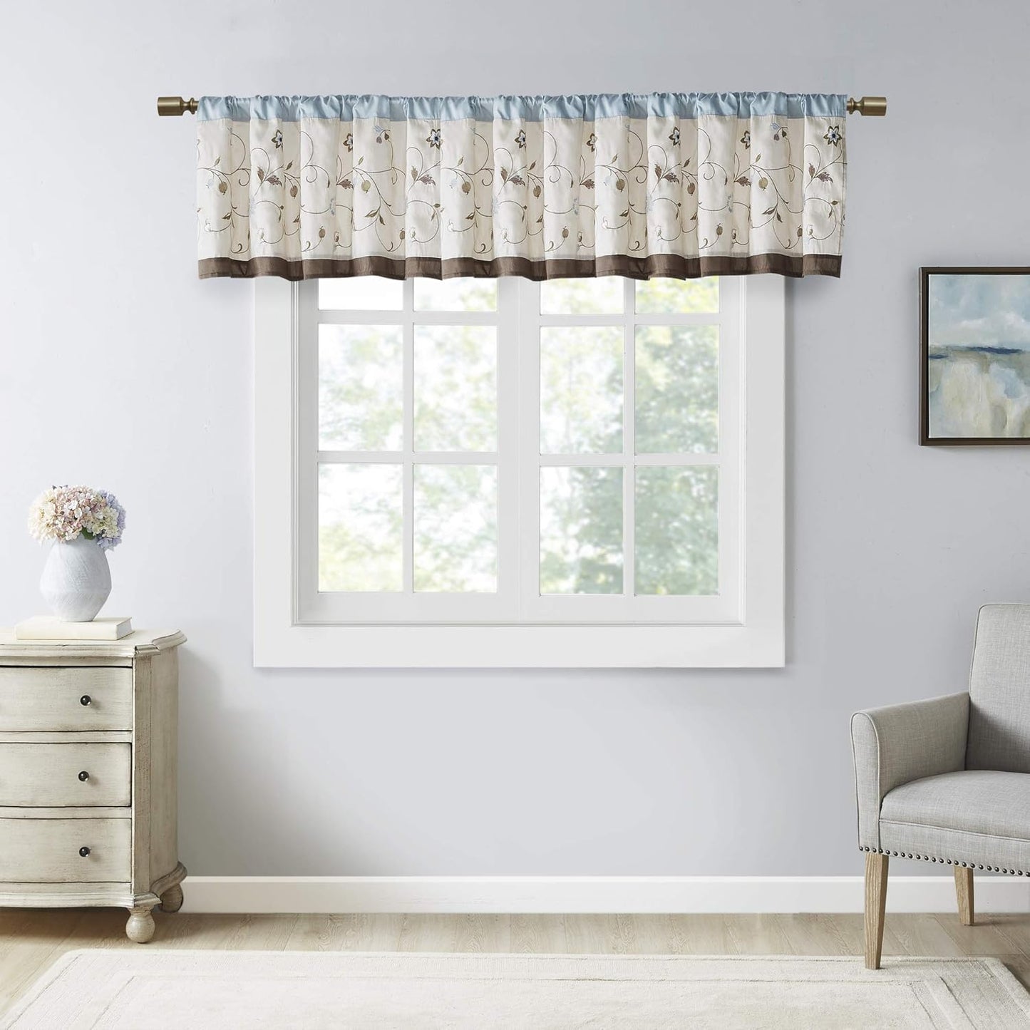 Madison Park Serene Embroidered Light Filtering Curtain Panel, 50x18, Blue for Bedroom Livingroom