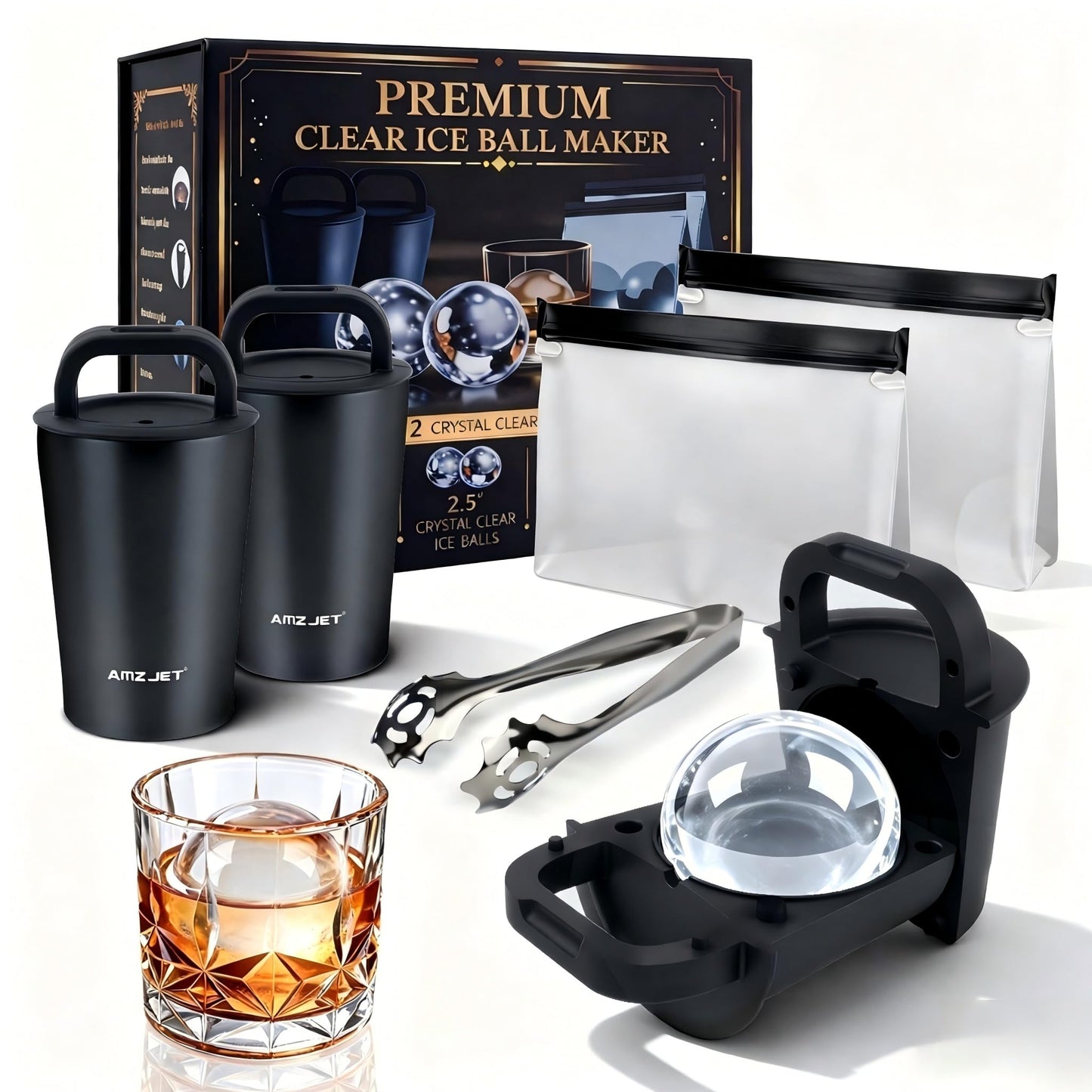 Clear Ice Cube Maker Premium Gift Set – Stainless Steel Whiskey Ice Ball Mold, 2.5” Ice Sphere with BPA-Free Silicone, Slow Melting Easy Release Ice for Bourbon Cocktails, Ideal Gifts for Men Dad