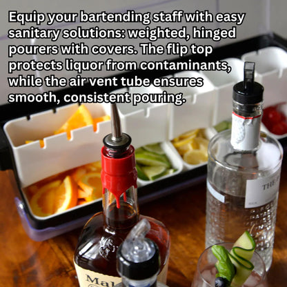 Tablecraft Wine Liquor Bottle Pourers, Hinged Flip Cap Jet Pourer, Dispenser Bar Tool for Controlled Pouring of Alcohol Drinks and Shots, Foodservice Jet Spout with Flip Cap for Bars, 12 Pieces