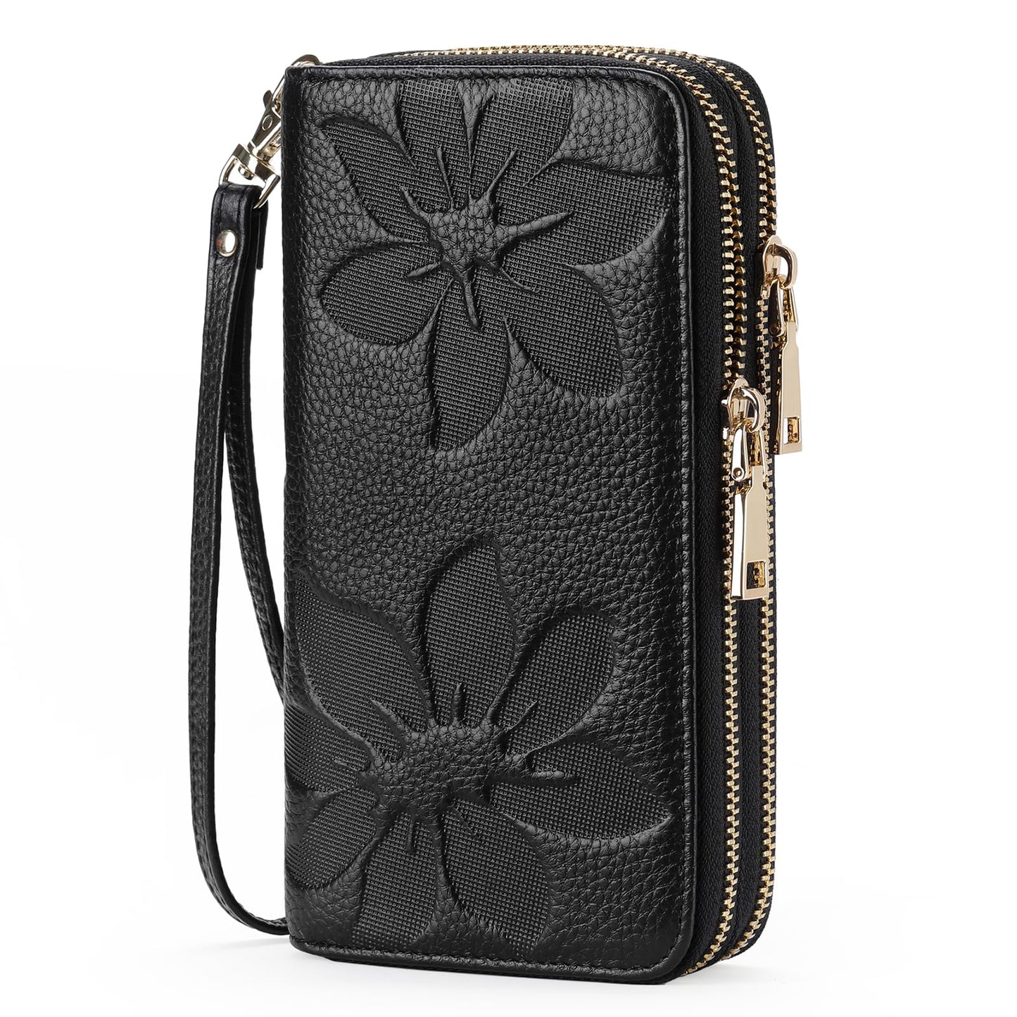 GOIACII Women's Wallet Large Capacity Double Zip Around Credit Card Holder Leather Ladies Wallet with RFID Blocking Phone Wristlet Purse Black