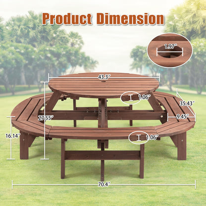 10-12 Person Round Outdoor Wooden Picnic Table with 1.97" Umbrella Hole, 70 Inch Heavy Duty Circular Backyard Patio Garden Table for Large Family Gathering, Rustic Fir Wood Dining Set, Walnut Brown