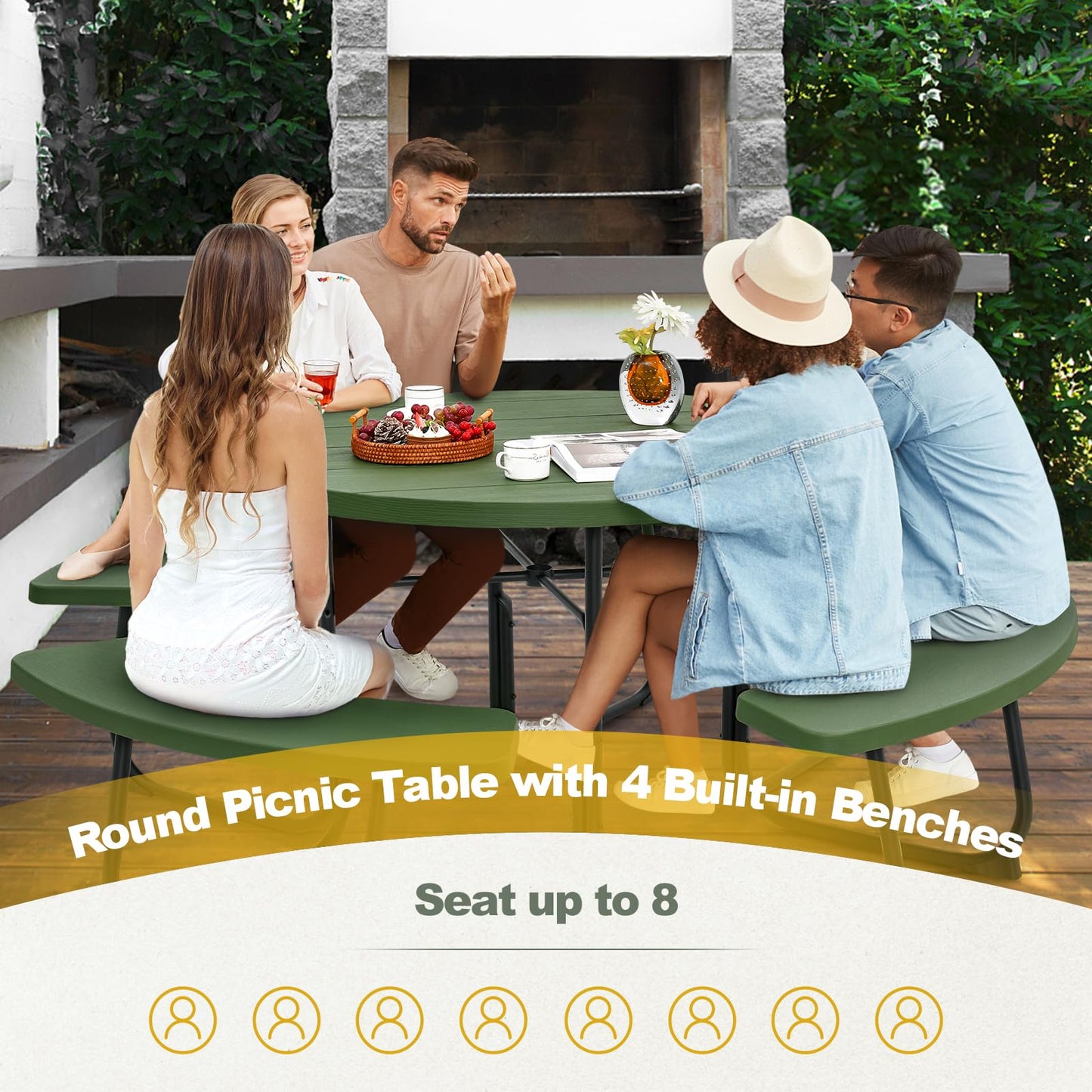 Tangkula 8 Person Picnic Table, Outdoor Round Picnic Table with 4 Built-in Benches, Umbrella Hole, Metal Frame & HDPE Tabletop, Outside Table and Bench Set for Backyard, 2300lbs Weight Capacity