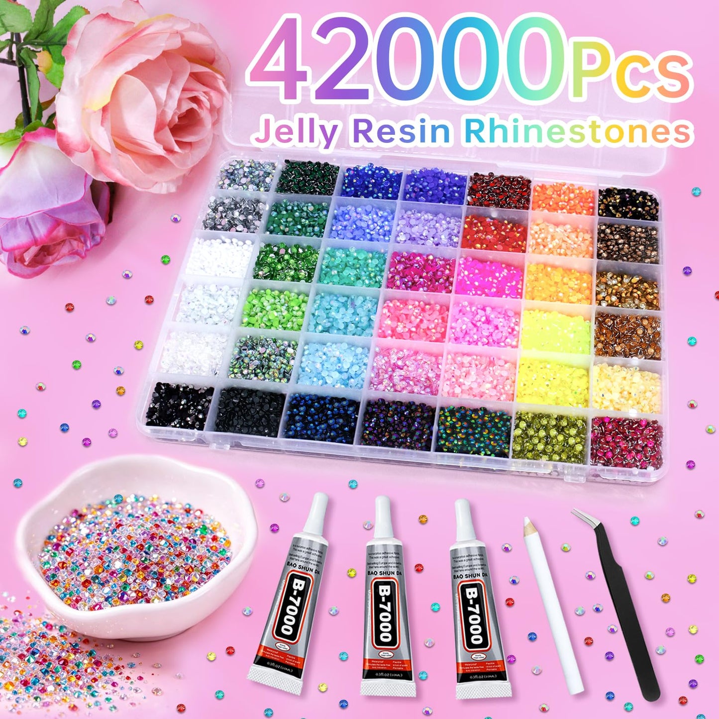 42000PCS 42Colors Resin Jelly Rhinestones for Bedazzling,3mm Flat Back Gems for Crafting, Bedazzling Kit with 3Pcs B7000 Glue for Clothing Shoes Nail Diamond Art.