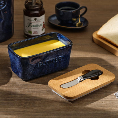 Vicrays Porcelain Airtight Lid Butter Container with Knife - Large Blue Butter Keeper Crock for Countertop
