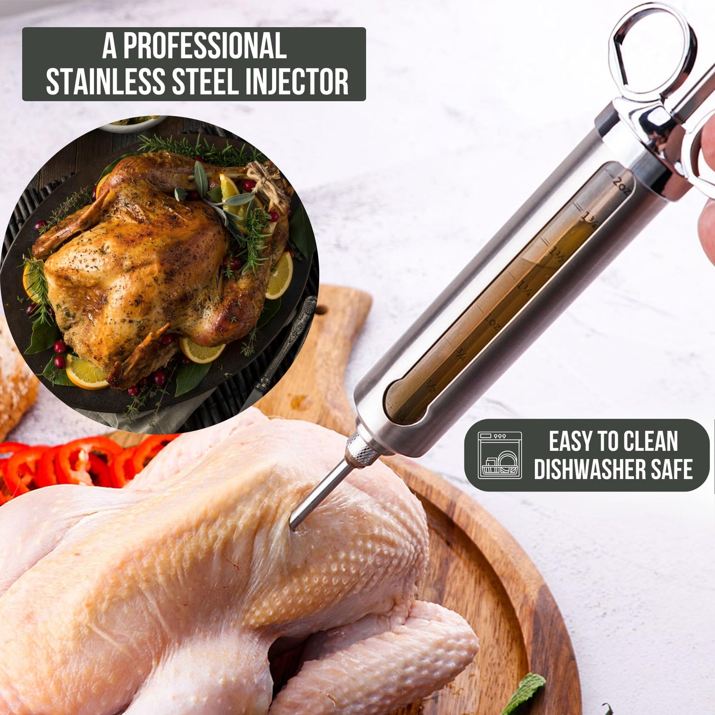 Professional Meat Injector Marinade Syringe Kit for Smoking & Grilling Turkey, Brisket & BBQ - Large 2 Oz Visible Stainless Steel Capacity - Never Leaks or Clogs + Safe Grill Cleaner & Flavor Brush