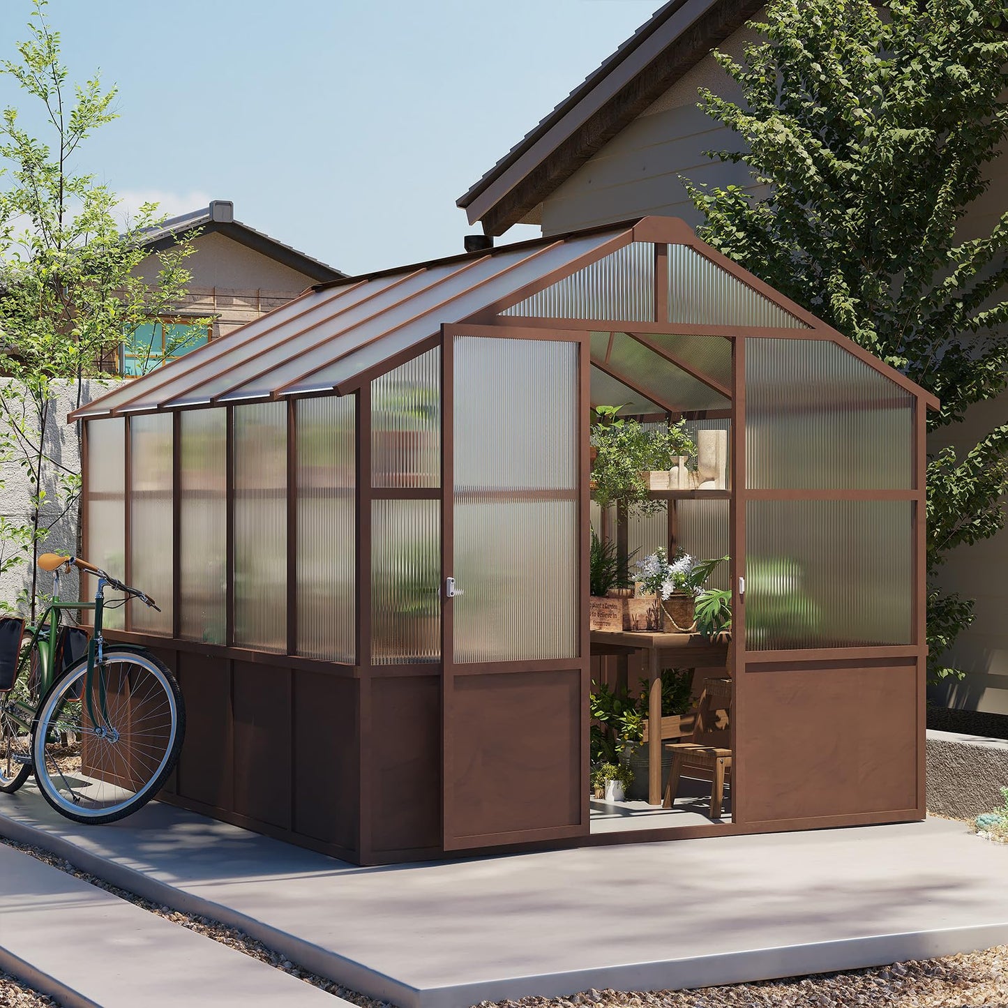 8x10 FT Outdoor Wood Greenhouse, Heavy Duty Solid Pine Wooden Walk-in Green House with 6MM Thick Polycarbonate Panels, Adjustable Roof Vents and Lockable Door, Garden House for Backyard Patio Lawn