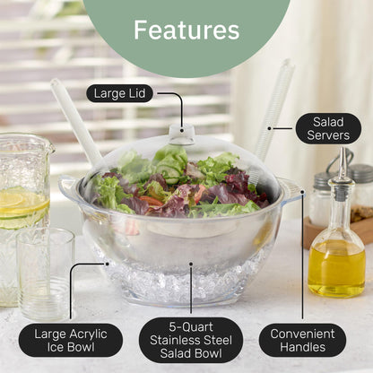 Useful Co. 5QT Salad Bowl Set on Ice - Large Salad Bowl with Lid & 2 Servers - Chilled Tray for Cold Food, Party Buffet - Serving Bowl with Ice Tray Base for Gatherings