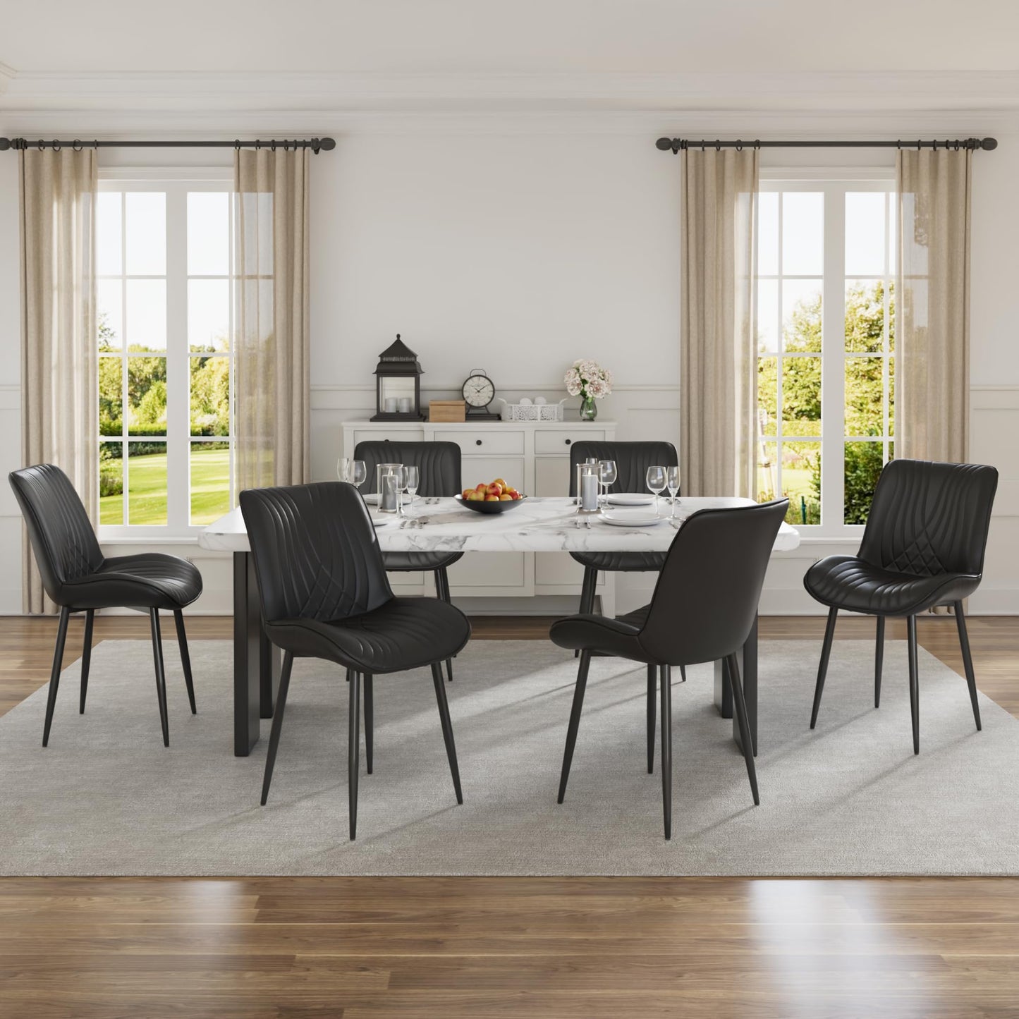 VECELO Dining Chairs Set of 6, Modern Upholstered Faux Leather Cushion Seat and Metal Legs for Kitchen, Living Room, Black