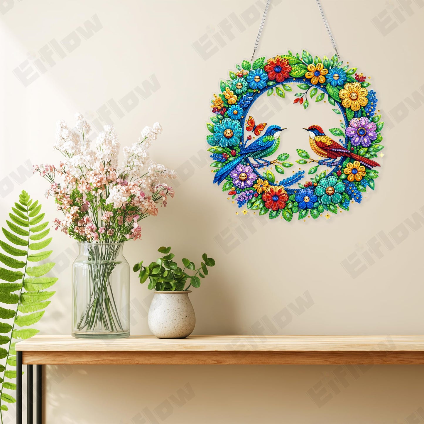 Eiflow Acrylic Diamond Art Hanging Kit for Adults Bird, DIY Diamonds Painting Door Hanging Board Kit, Special Crystal Diamond Art Painting Pendant Ornament (Wreath)
