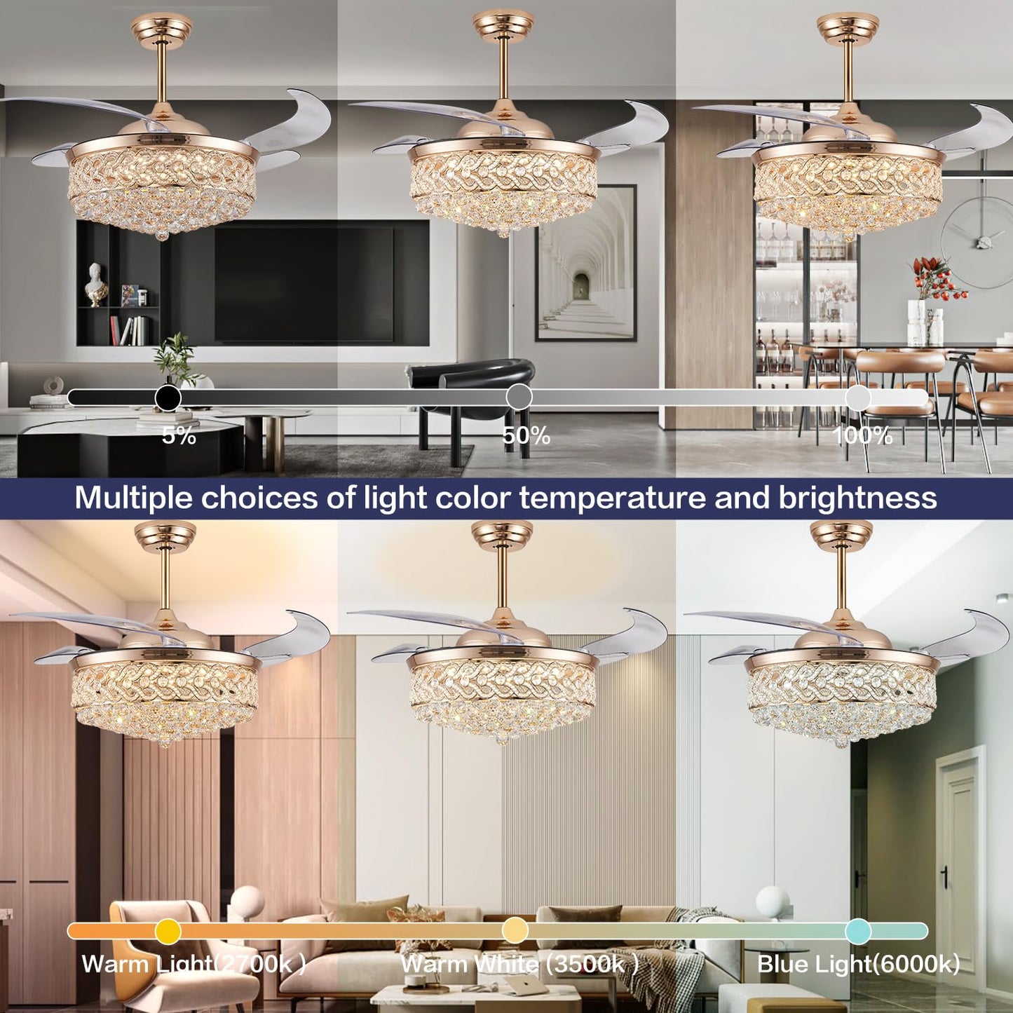 DuMaiWay 52" Dimmable Chandelier Ceiling Fan with Light, Modern Crystal Retractable Ceiling Fan with Remote and APP Control for Bedroom Dining Room Living Room 6 Speed Gold