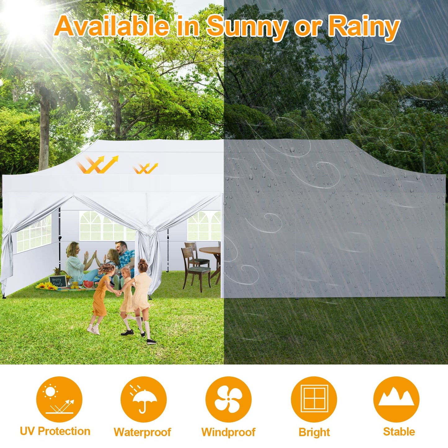 COBIZI 10x30 Pop Up Canopy with 8 Sidewall,Heavy Duty UPF 50+ All Season Wind Waterproof Commercial Outdoor Wedding Party Tents for Parties Canopy Gazebo with Roller Bag(10 x 30 ft White)