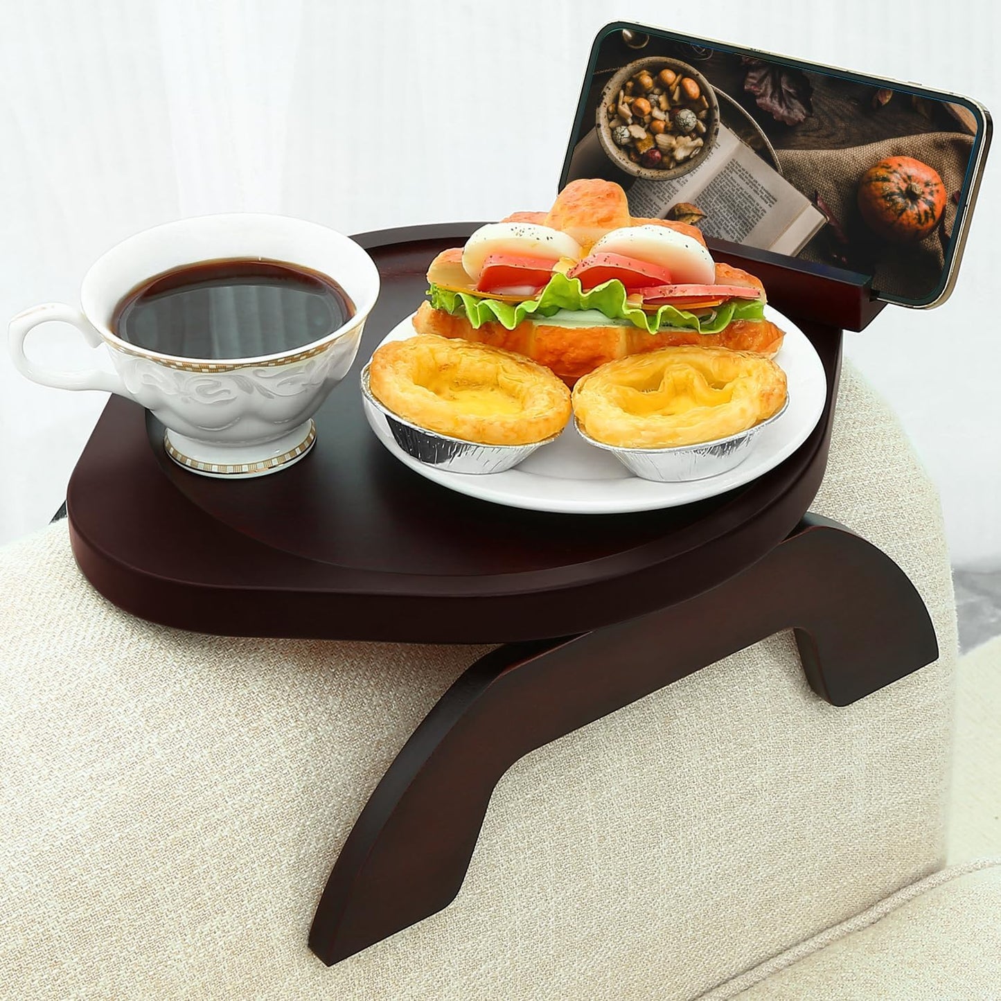 360 Couch Arm Tray Table,Bamboo Sofa Side Tables Clip-on Couch with Phone Holder,Foldable Sofa Armrest Tray