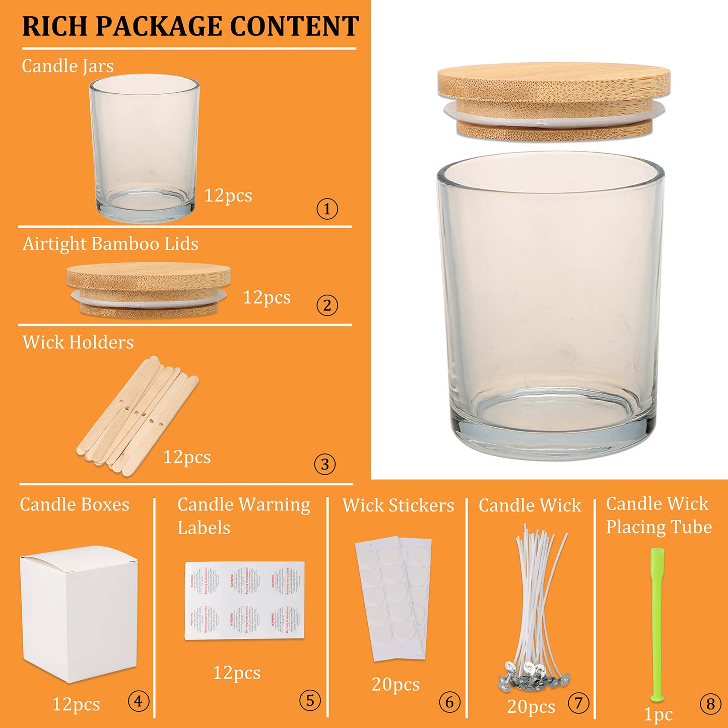 MILIVIXAY 12 Pack 12 OZ Clear Glass Candle Jars with Lids and Candle Making Kits - Bulk Empty Candle Jars for Making Candles - Spice, Powder Containers.