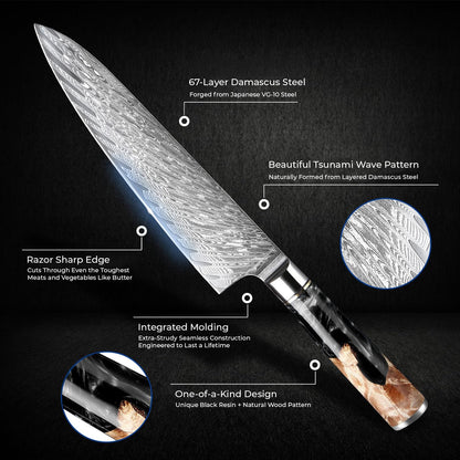 SENKEN 15-Piece Damascus Knife Block Set - Black Tsunami Collection - Japanese Chef Knife Set with 67-Layer Japanese VG10 Steel Blades (15-Piece Knife Block Set)