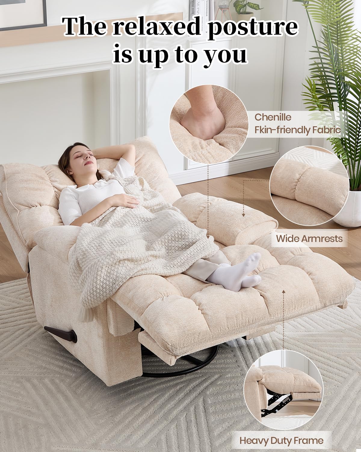 GARTMILAN Oversized Manual Recliner Chair with 360° Swivel, Big and Tall Rocker Glider for Nursery Living Room, Chenille Overstuffed Reclining Sofa with Handle, 375lbs (Beige, Manual)