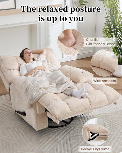 GARTMILAN Oversized Manual Recliner Chair with 360° Swivel, Big and Tall Rocker Glider for Nursery Living Room, Chenille Overstuffed Reclining Sofa with Handle, 375lbs (Beige, Manual)