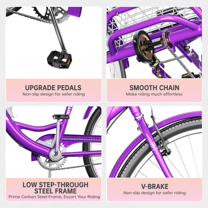 MarKnig Adult Tricycle, 26 Inch 3 Wheel Bikes with Large Basket, Cruiser Bike for Women/Men/Seniors, Adult Trike for Outdoor/Shopping/Recreation/Picnic (Purple)