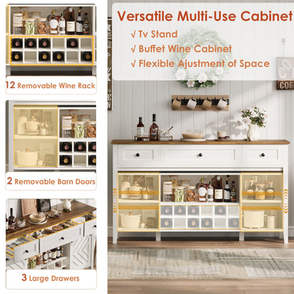 IDEALHOUSE 59'' Farmhouse Buffet Cabinet with Sliding Barn Door, 33.4'' Tall Wood Rustic Sideboard with 3 Drawer, Adjustable Shelf and Removable Wine Rack for Dining Room, Kitchen, White