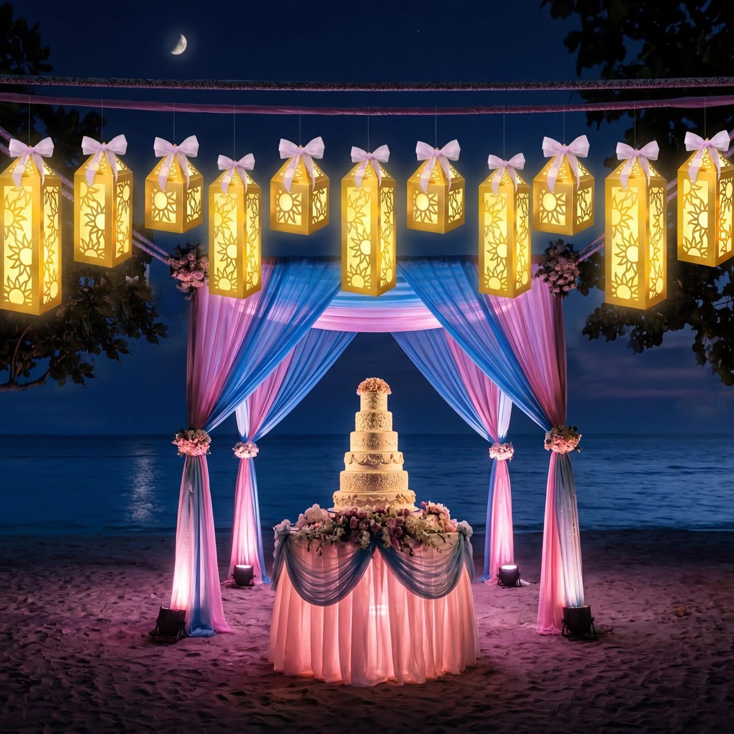 Renbuzhu 15PCS Princess Party Decorations Gold Sun Lanterns Centerpieces with LED Lights Ribbon for Girls Birthday Table Decor (Batteries Not Included)