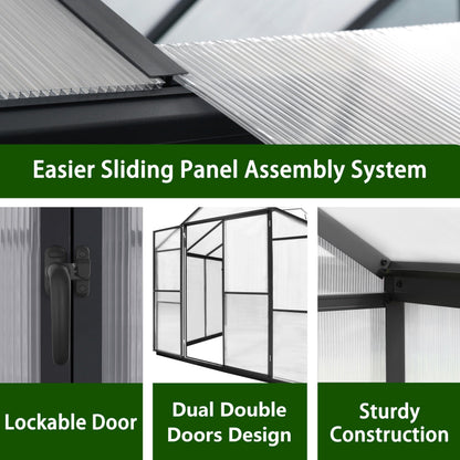Yardenaler 8x10 FT Outdoor Aluminum Greenhouse Kit, Polycarbonate Aluminum Walk-in Greenhouse with Adjustable Roof Vent and Lockable Door, Backyard Garden in Winter, Gray