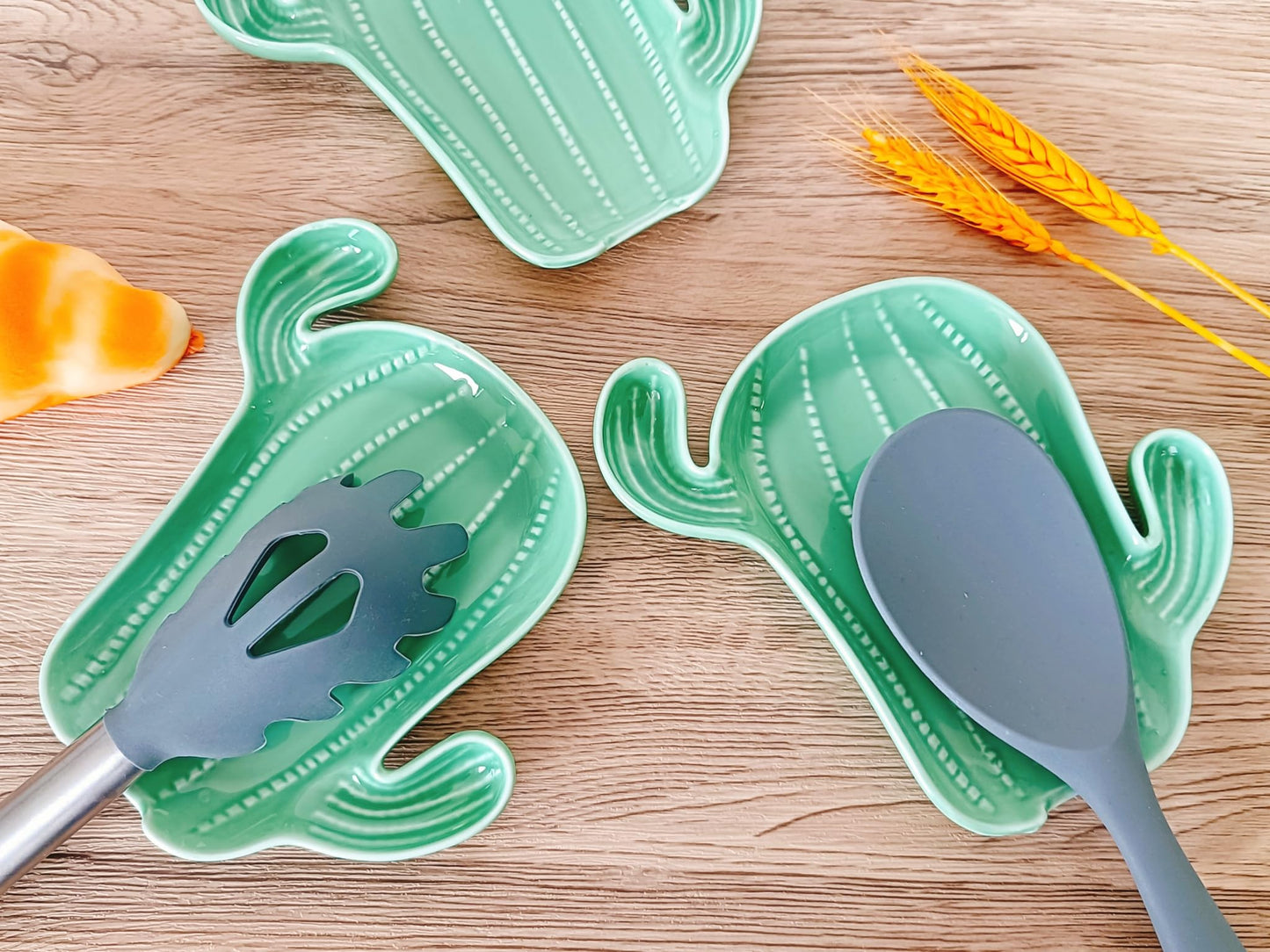 Ceramic Spoon Rest for Stove Top & Kitchen Counter Spoon Holder for Stove & Cooking Spoon Holder for Ladle Cute Coffee Spoon Rest Utensil Rest Spatula Rest, Green Cactus Kitchen Decor & Accessories