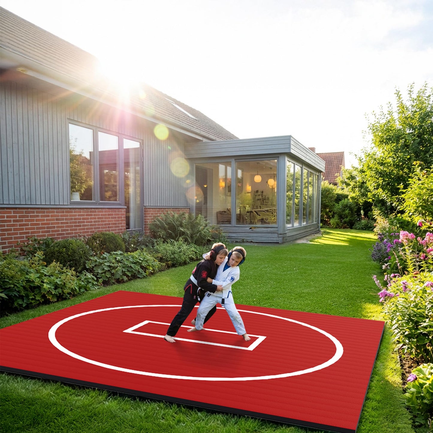 HFPFTS Wrestling Mat for Home, 8’x 8’x 1.25” Wrestling Mat, Safe Wrestling & Play Mat for Kids and Family, Jiu Jitsu, BJJ, MMA, Wrestling Mats, Martial Arts, Tumbling, Easy Clean, Gym Mat, Red