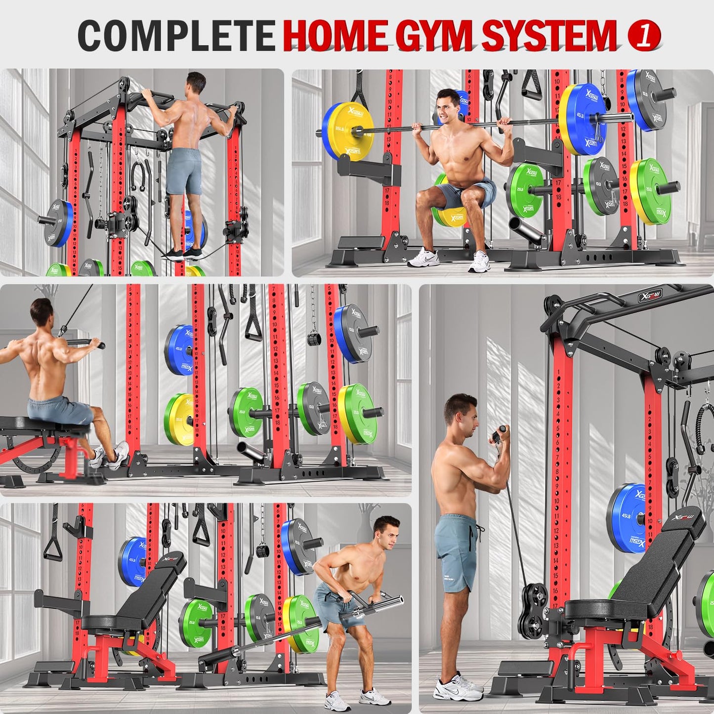 Power Rack Power Cage Multi-Function Squat Rack with Cable Crossover System Selectable More Training Attachment Power Rack for Garage & Home Gym (Red, F Set L02+Weight Bench+（Pole+Color BP） 258LBS)
