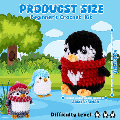 XunYee 3 Pcs Little Penguins Crochet Kit DIY Amigurumi Set Chenille Yarn Crochet Kit for Beginners with Complete Tools Step-by-Step Pattern Craft Gift for Adults
