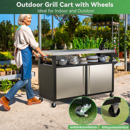 Stanbroil Rolling Outdoor Kitchen Island, BBQ Grill Cart with Stainless Steel Table Top, Double-Door Storage Cabinet & Pull-Out Shelf, Grill Table Cart for Outdoor Indoor, Large
