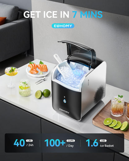 EUHOMY Smart Nugget Ice Maker Countertop, Pebble Ice Maker Machine with APP Control, 40lbs/24H, Ready in 7 Mins, Self-Cleaning, Portable Sonic Ice Makers with Hanging Ice Scoop for Home/Kitchen/Office