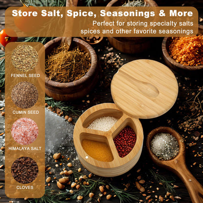 Dvehdbay Salt Cellar - Salt Container Holder with Swivel Magnetic, 3 Compartment Salt Cellar with Lid and Spoon Holder, Wood Bowl Box, Salt and Pepper Bowls with Swivel Lid to Storage, 6OZ