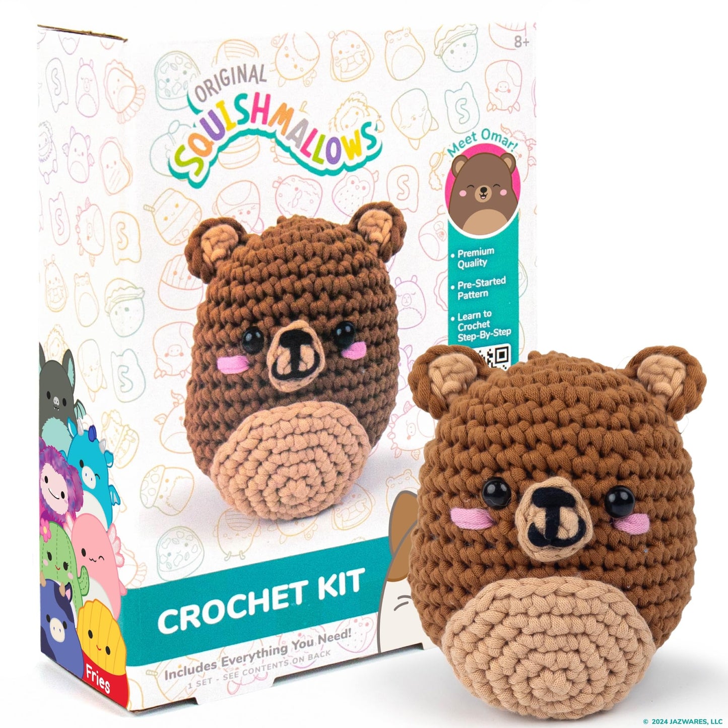 Original Squishmallows Omar the Bear Crochet Kit, Includes Yarn, Crochet Hook, Starter Hooks, Step-By-Step Tutorials, Exclusive Crochet Kit for Beginners, DIY Craft, Crochet Kits, Great Teen Gifts