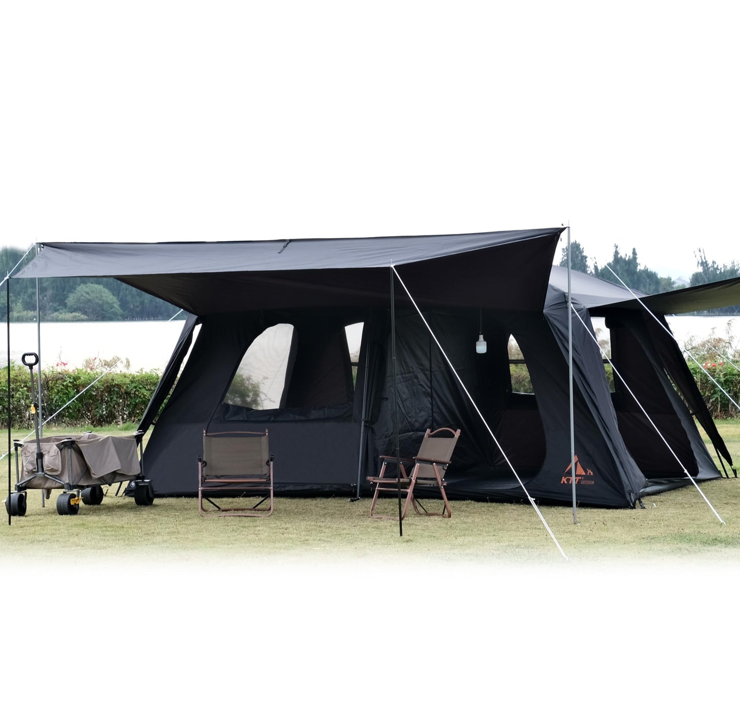 KTT Extra Large Tent 12 Person,Family Cabin Tents,Awning,2 Rooms,4 Doors and 4 Windows with Mesh,Straight Wall,Waterproof,Double Layer,Big Tent for Outdoor,Picnic,Camping,Family Gathering(Black)